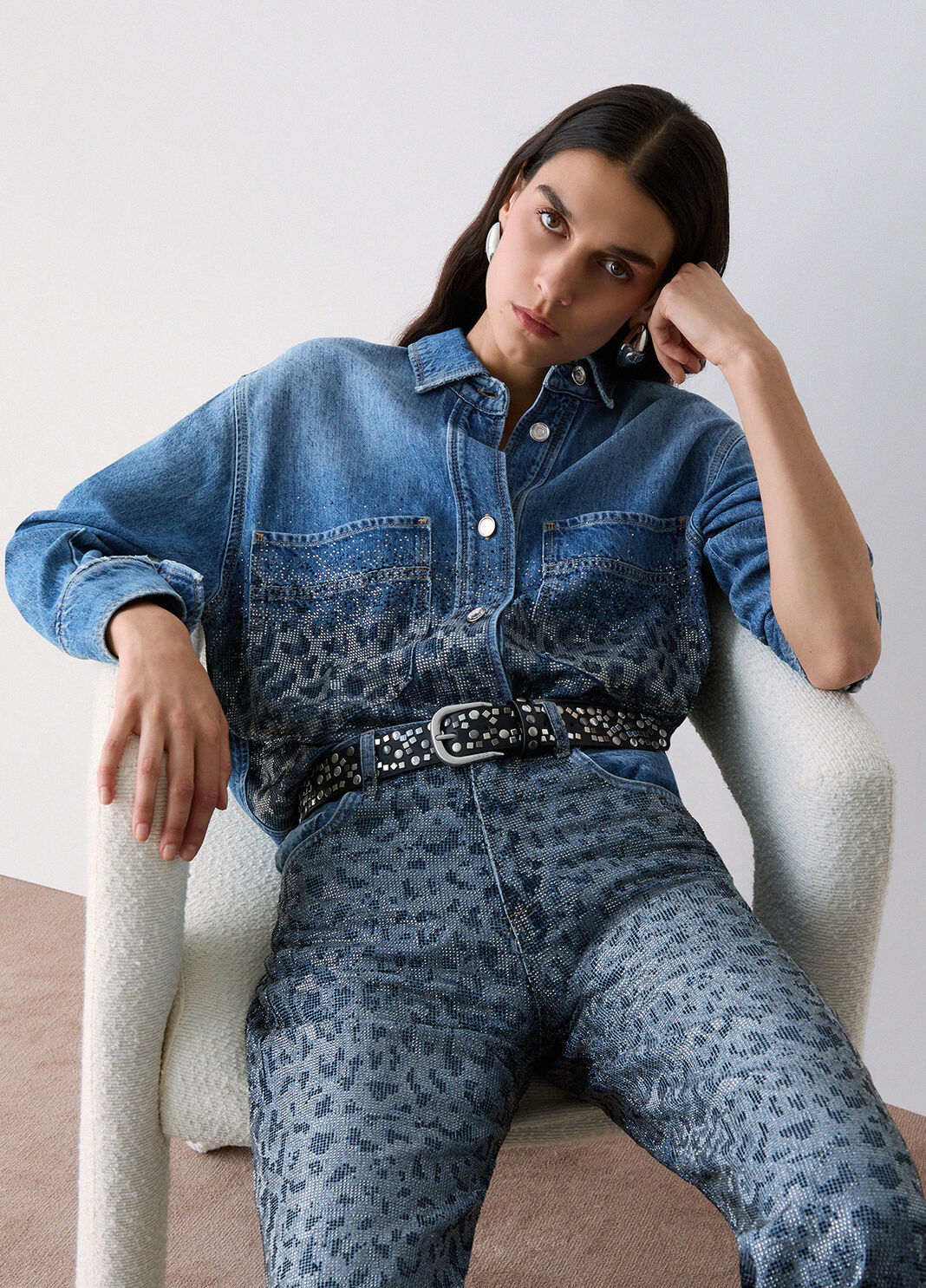 Denim Overshirt with Animal Print Rhinestones blue denim Liu Jo - large image number 0
