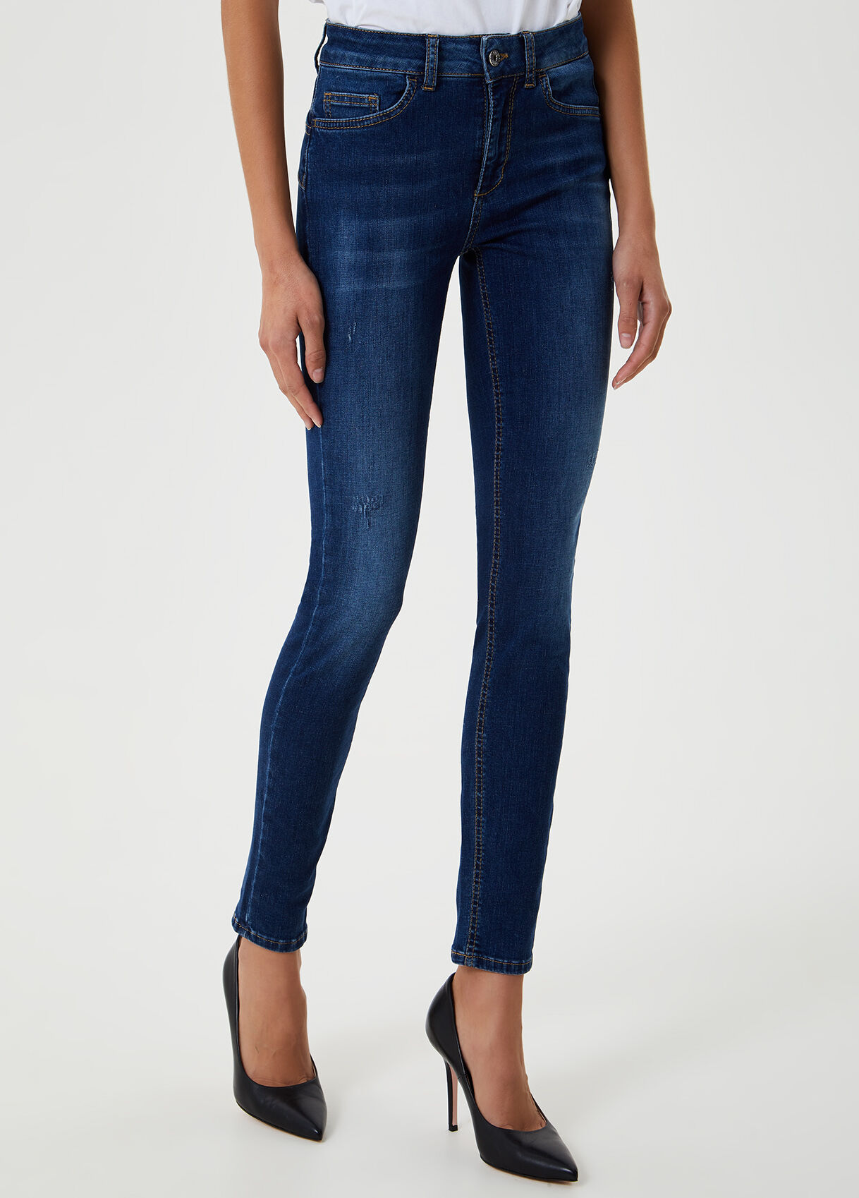 blue high rise skinny jeans