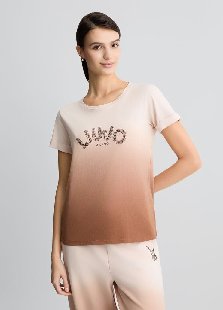 Cotton T-shirt with logo and rhinestones brown Liu Jo - large image number 0 Cotton T-shirt with logo and rhinestones brown Liu Jo - large image number 0