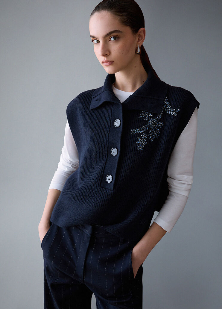 Wool vest with bejewelled embroidery dark blue Liu Jo - medium