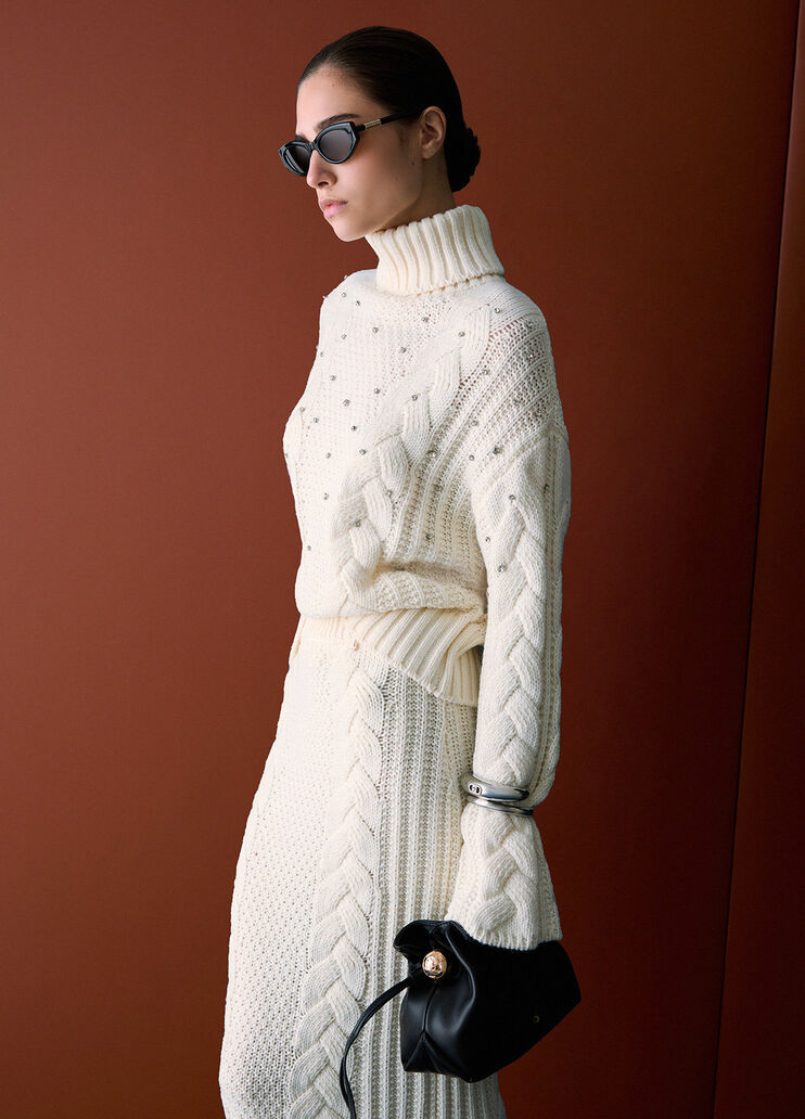 Turtleneck sweater cable-knit with rhinestones white wool Liu Jo - medium