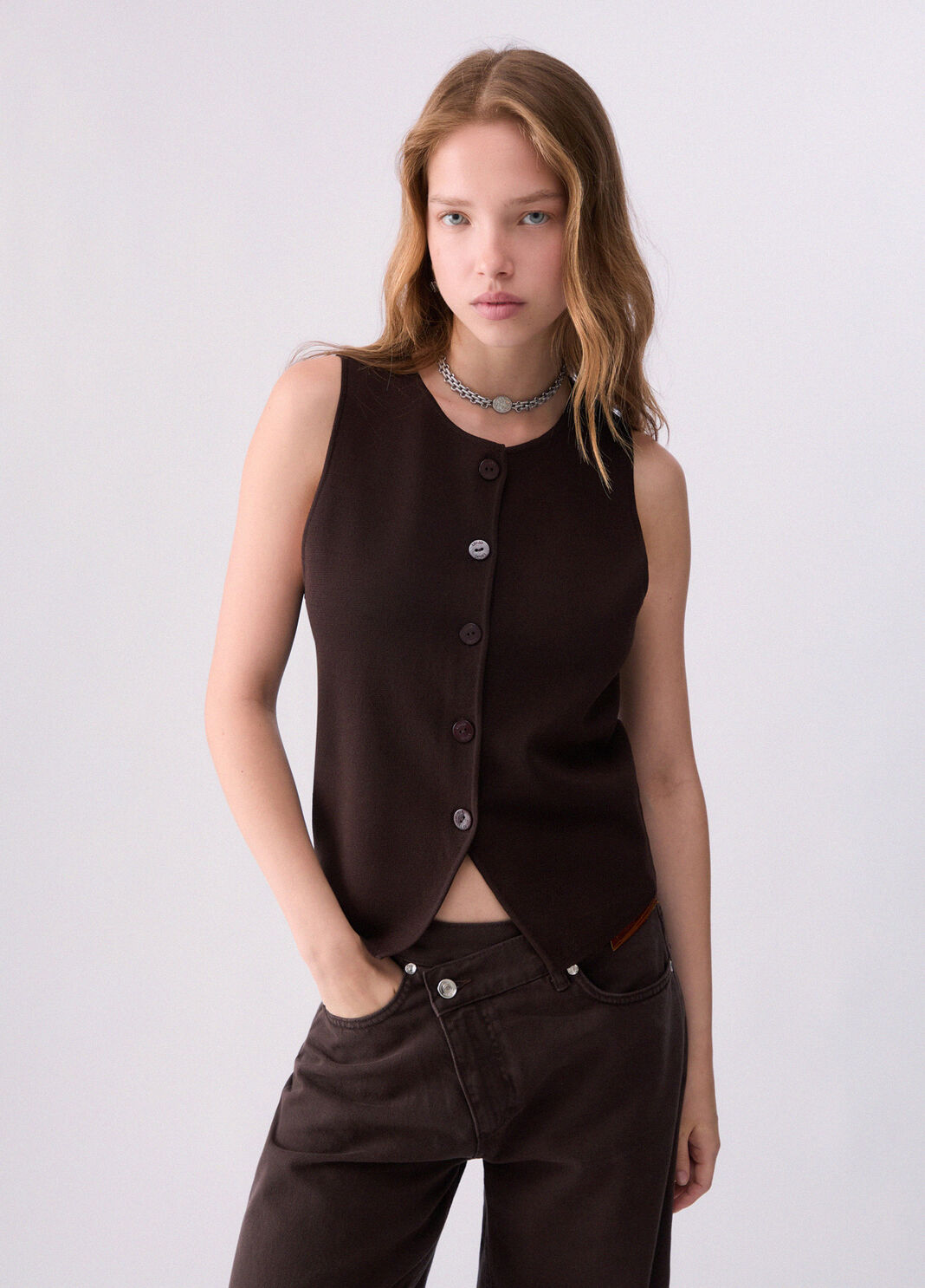 Gilet in maglia con dettaglio in pizzo moka Liu Jo - large image number 0