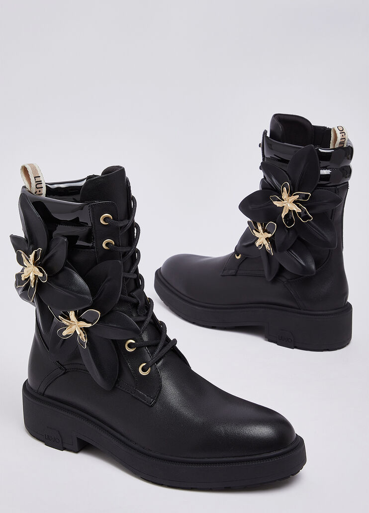 Combat boots in leather with maxi flowers black Liu Jo - medium