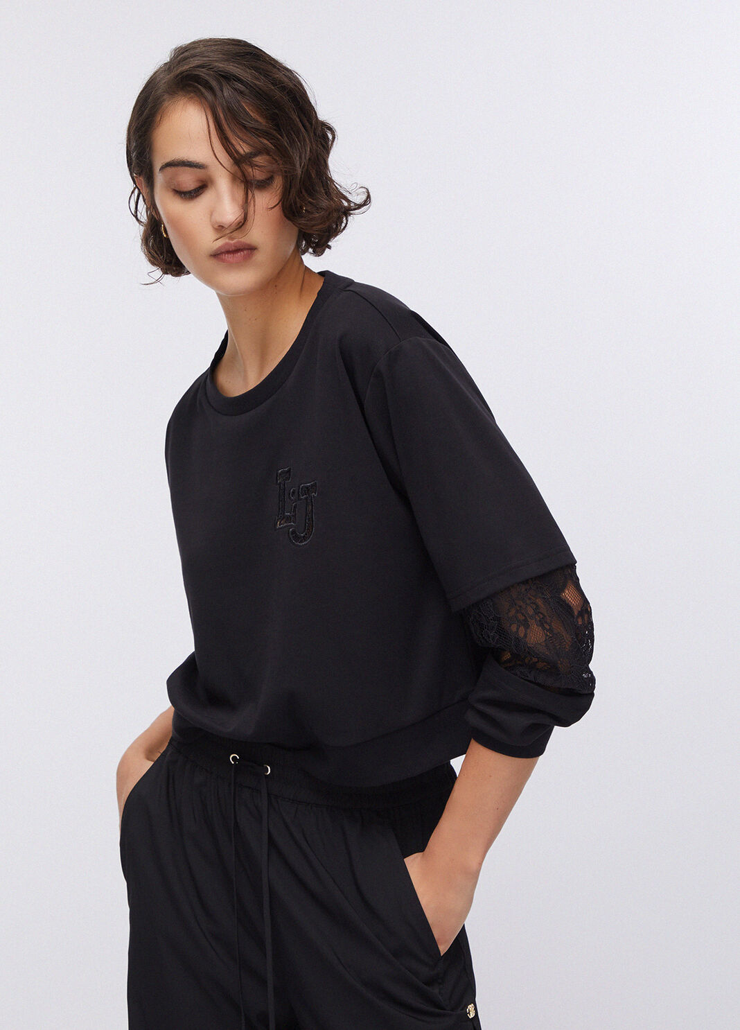 Sweatshirt with lace inserts black Liu Jo - large image number 0