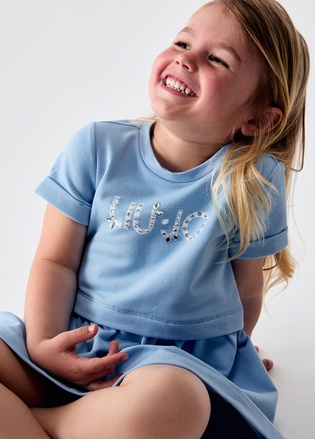 Short dress with bejewelled logo light blue Liu Jo - large image number 0
