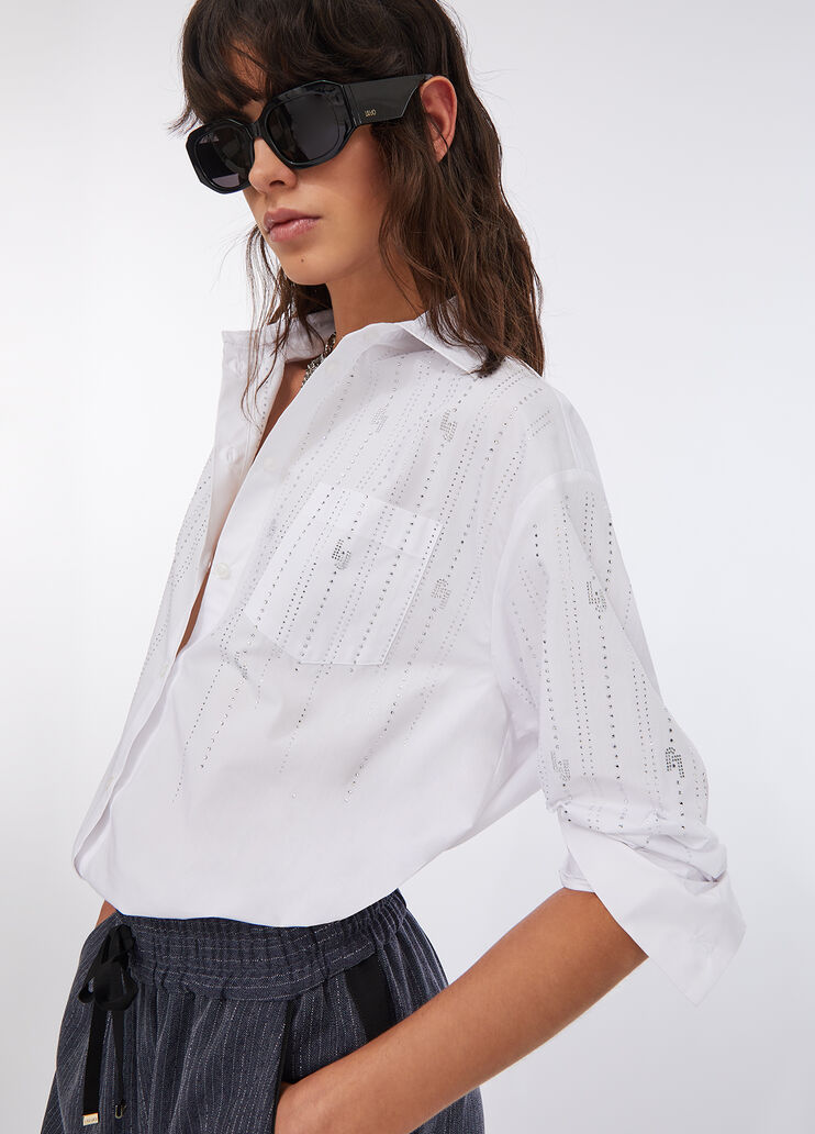 Camicia in cotone con strass bianco/logo Liu Jo - medium