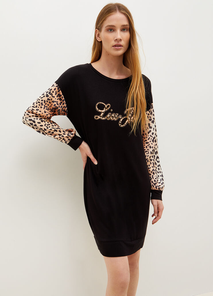 Jersey dress with animal print and logo