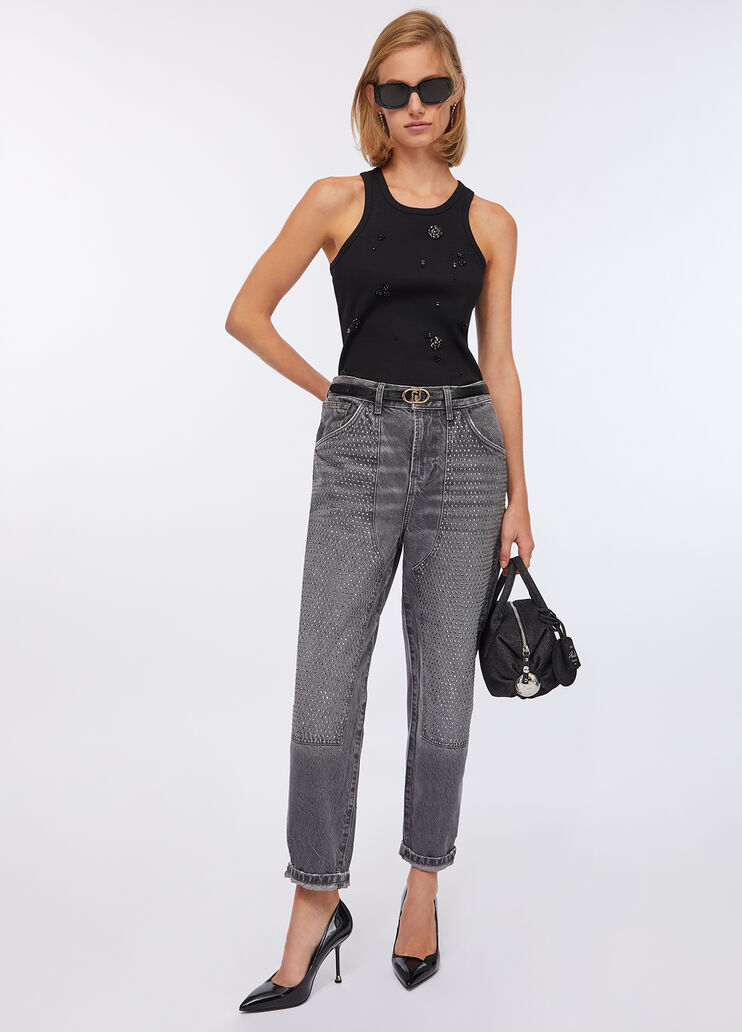 Straight jeans with rhinestone grey denim Liu Jo - large image number 5 Straight jeans with rhinestone grey denim Liu Jo - large image number 5