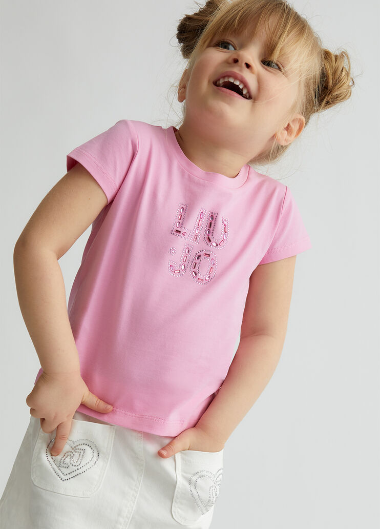 Cotton T-shirt with logo and rhinestones pink Liu Jo - medium Cotton T-shirt with logo and rhinestones pink Liu Jo - medium