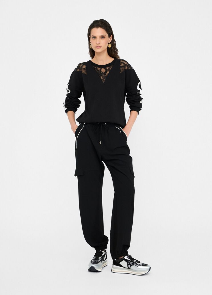 Cotton sweatshirt with lace black Liu Jo - large image number 5 Cotton sweatshirt with lace black Liu Jo - large image number 5