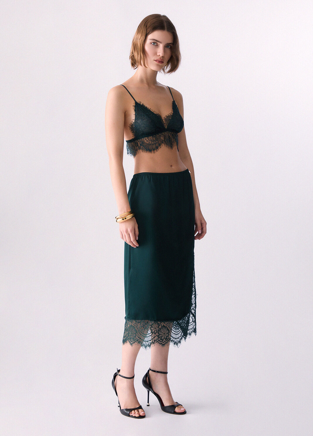 Satin midi skirt with Valenciennes lace dark green Liu Jo - large image number 5