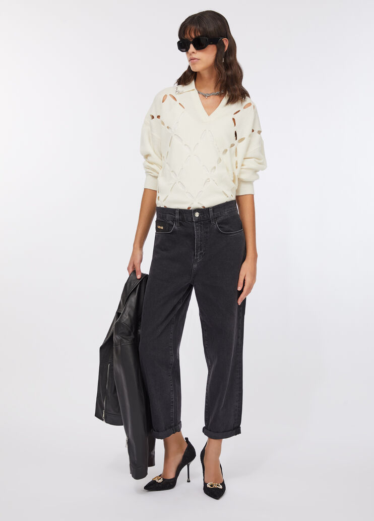 Pullover aus 100 % Wolle mit Schmuckstickerei Wollweiß Liu Jo - large image number 5