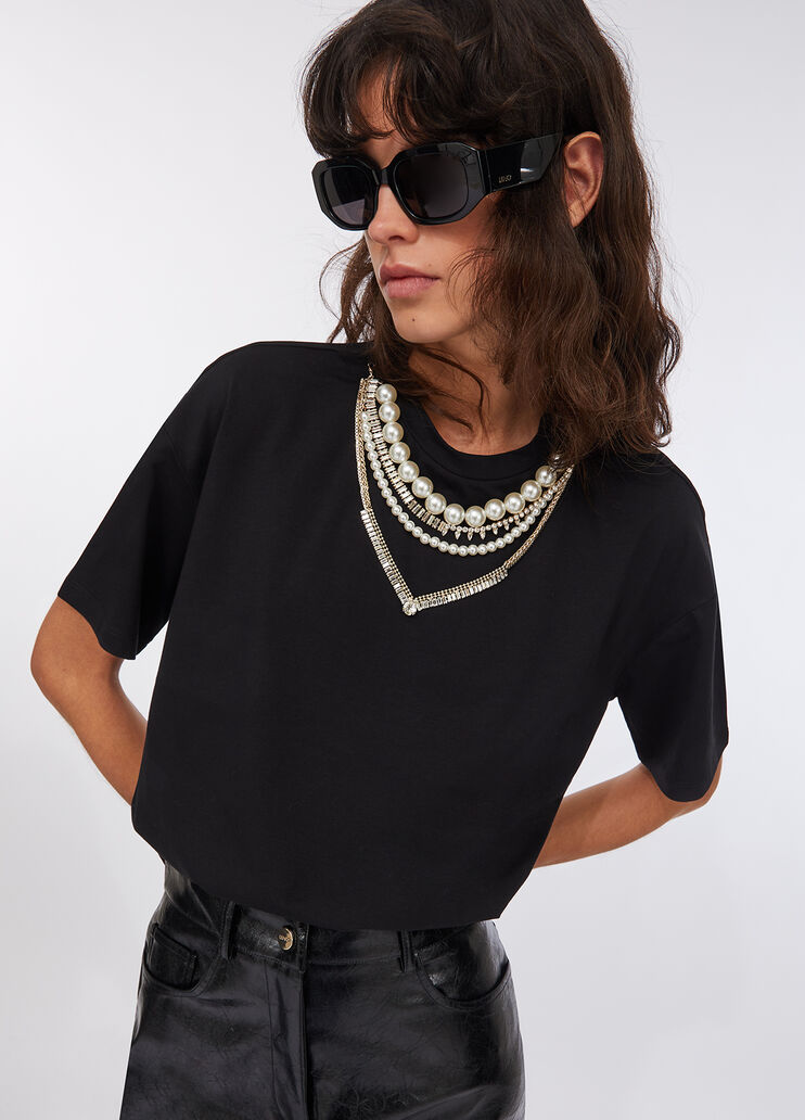T-shirt with pearls and rhinestones black Liu Jo - medium
