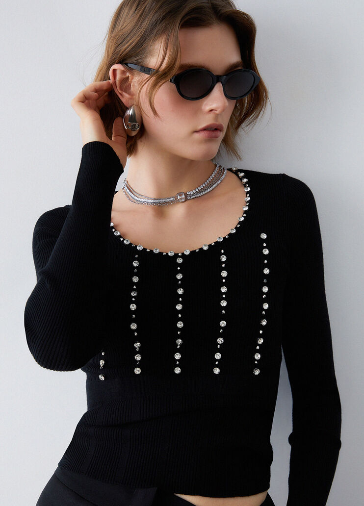 Jumper with jewel embroidery black Liu Jo - medium