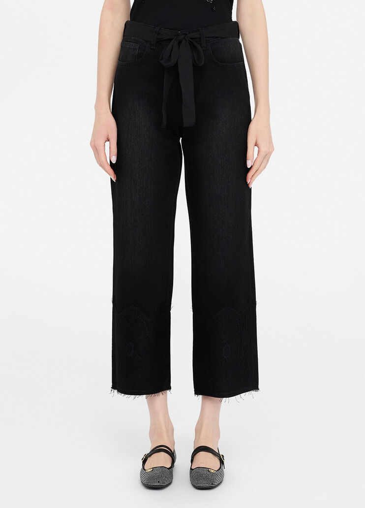 Gerade geschnittene Jeans mit Details aus Spitze Denim-Schwarz Liu Jo - medium