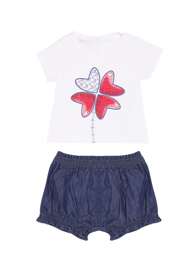Ensemble bébé fille denim, blanc et trèfle à quatre feuilles Liu Jo - large image number 0 Ensemble bébé fille denim, blanc et trèfle à quatre feuilles Liu Jo - large image number 0