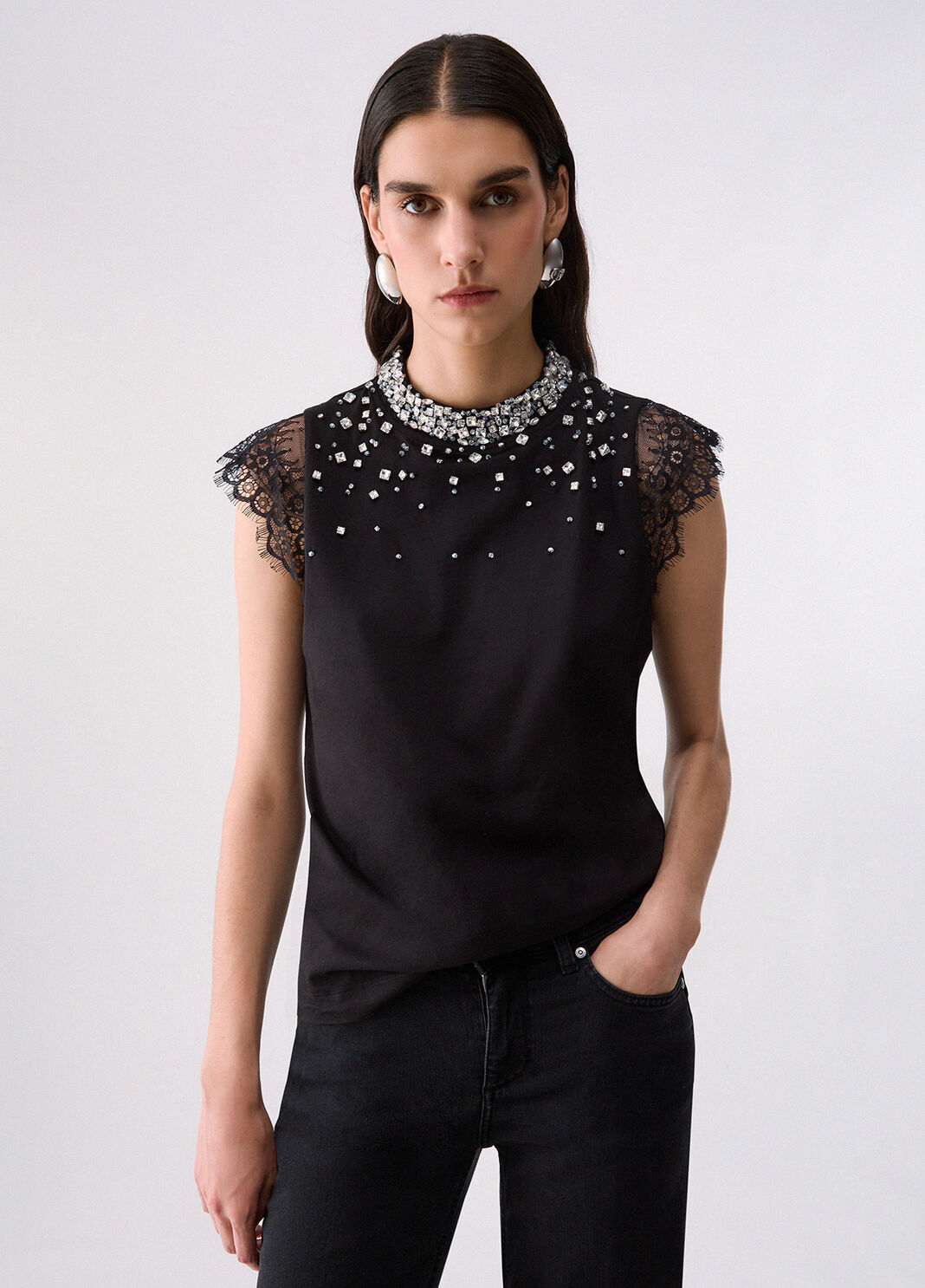 T-shirt with lace and rhinestones black Liu Jo - large image number 0