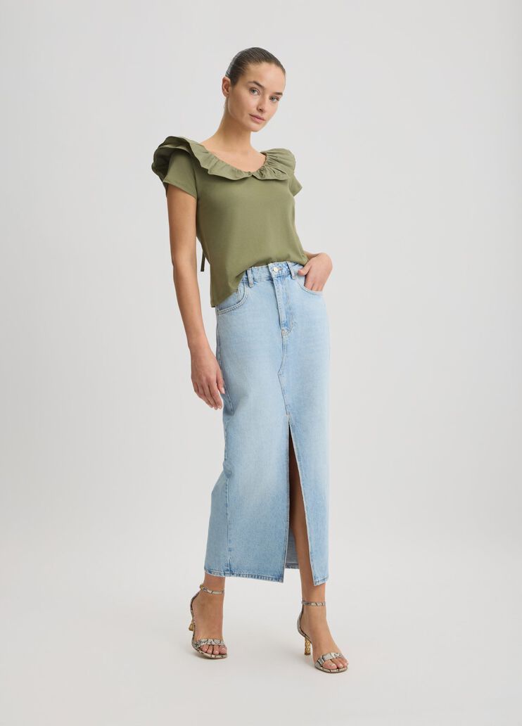 Cotton T-shirt with ruches khaki green Liu Jo - large image number 5 Cotton T-shirt with ruches khaki green Liu Jo - large image number 5