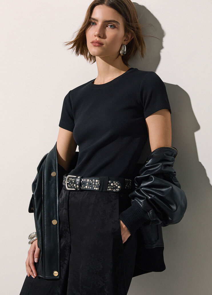 Ribbed T-shirt with Logo Patch black Liu Jo - medium
