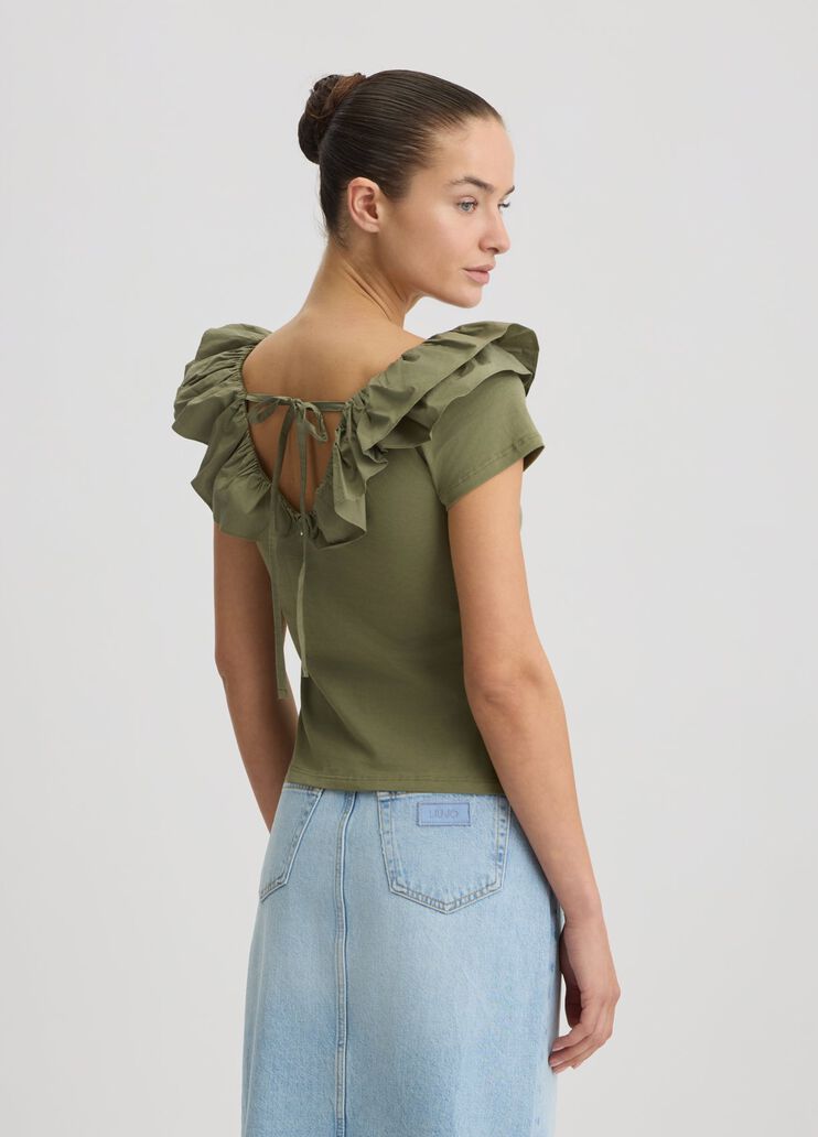 Cotton T-shirt with ruches khaki green Liu Jo - large image number 1 Cotton T-shirt with ruches khaki green Liu Jo - large image number 1