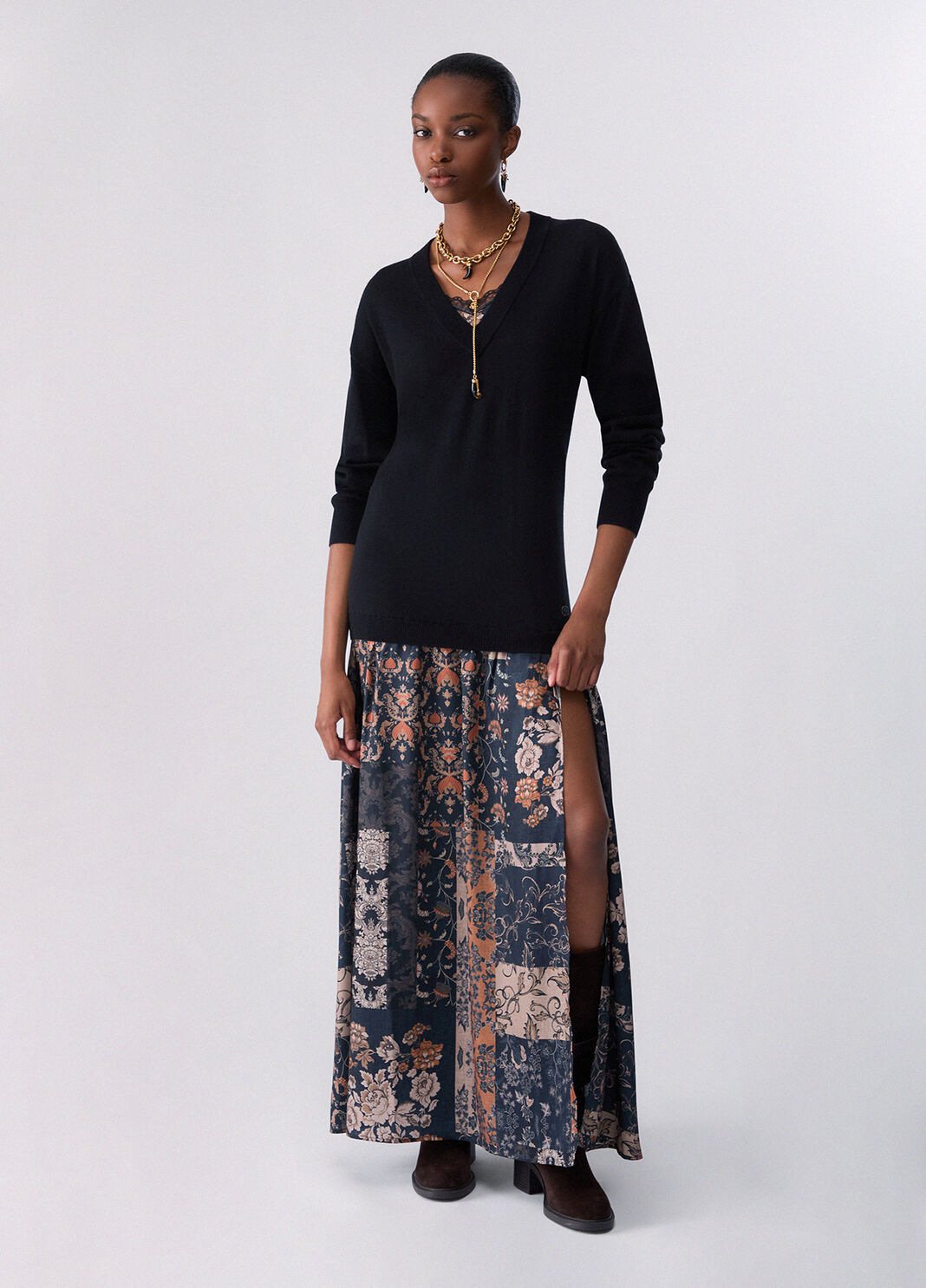Long wool blend dress black/beige Liu Jo - large image number 0