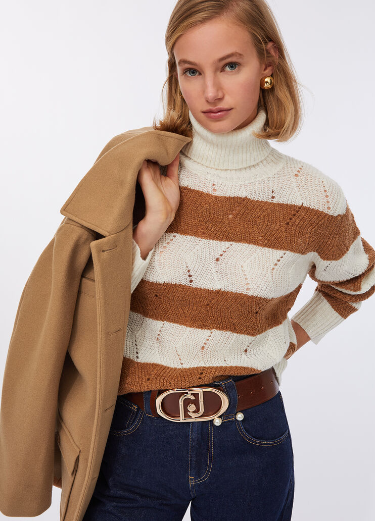 Pull à col roulé avec rayures en laine et alpaga blanc Liu Jo - medium
