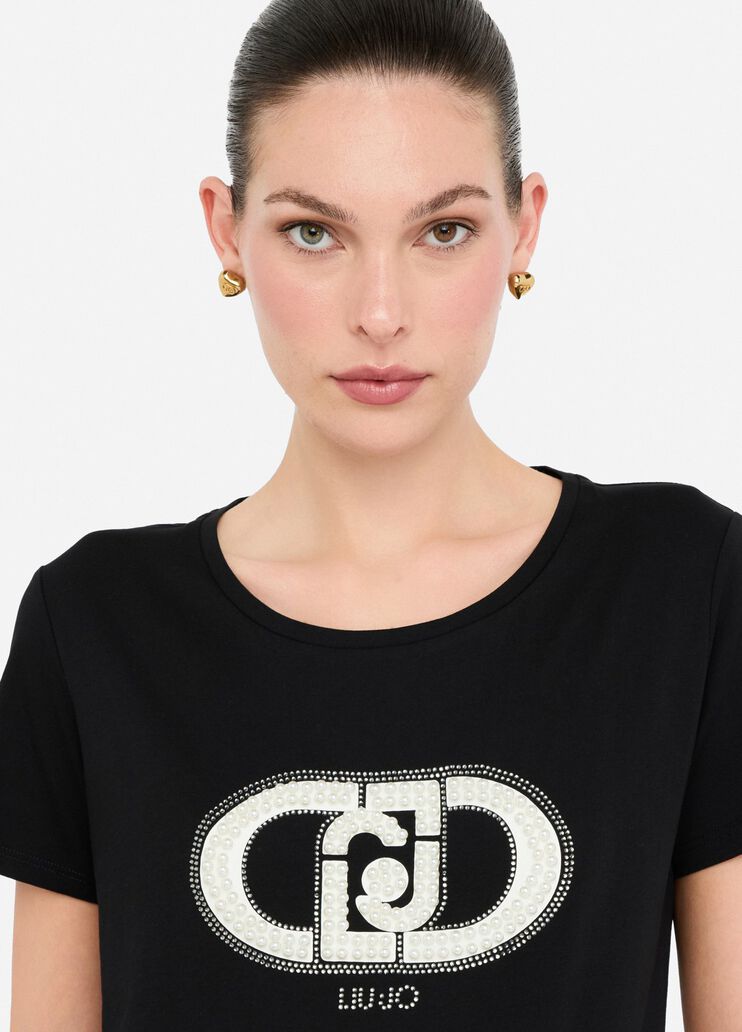Cotton T-shirt black/monogram Liu Jo - large image number 2