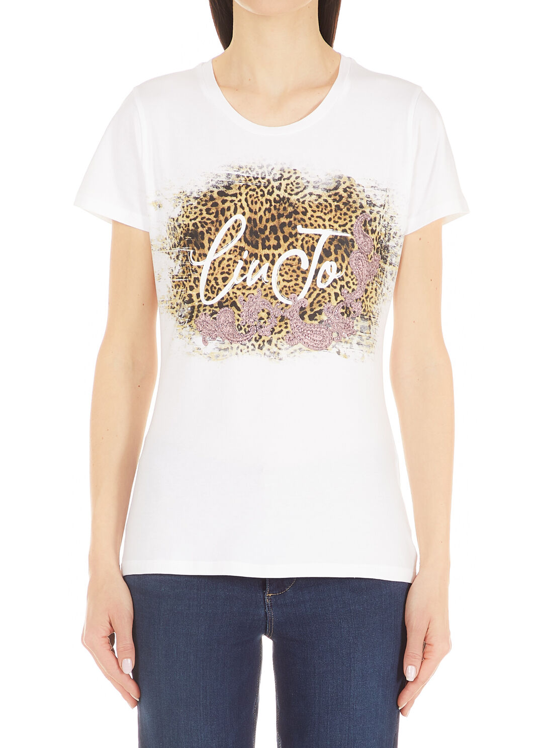 T-shirt con stampa e applicazioni Bianco/animalier Liu Jo - large image number 0