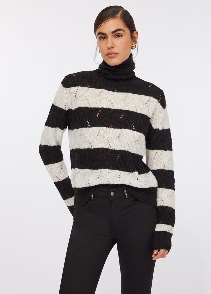 Pull à col roulé avec rayures en laine et alpaga noir Liu Jo - medium