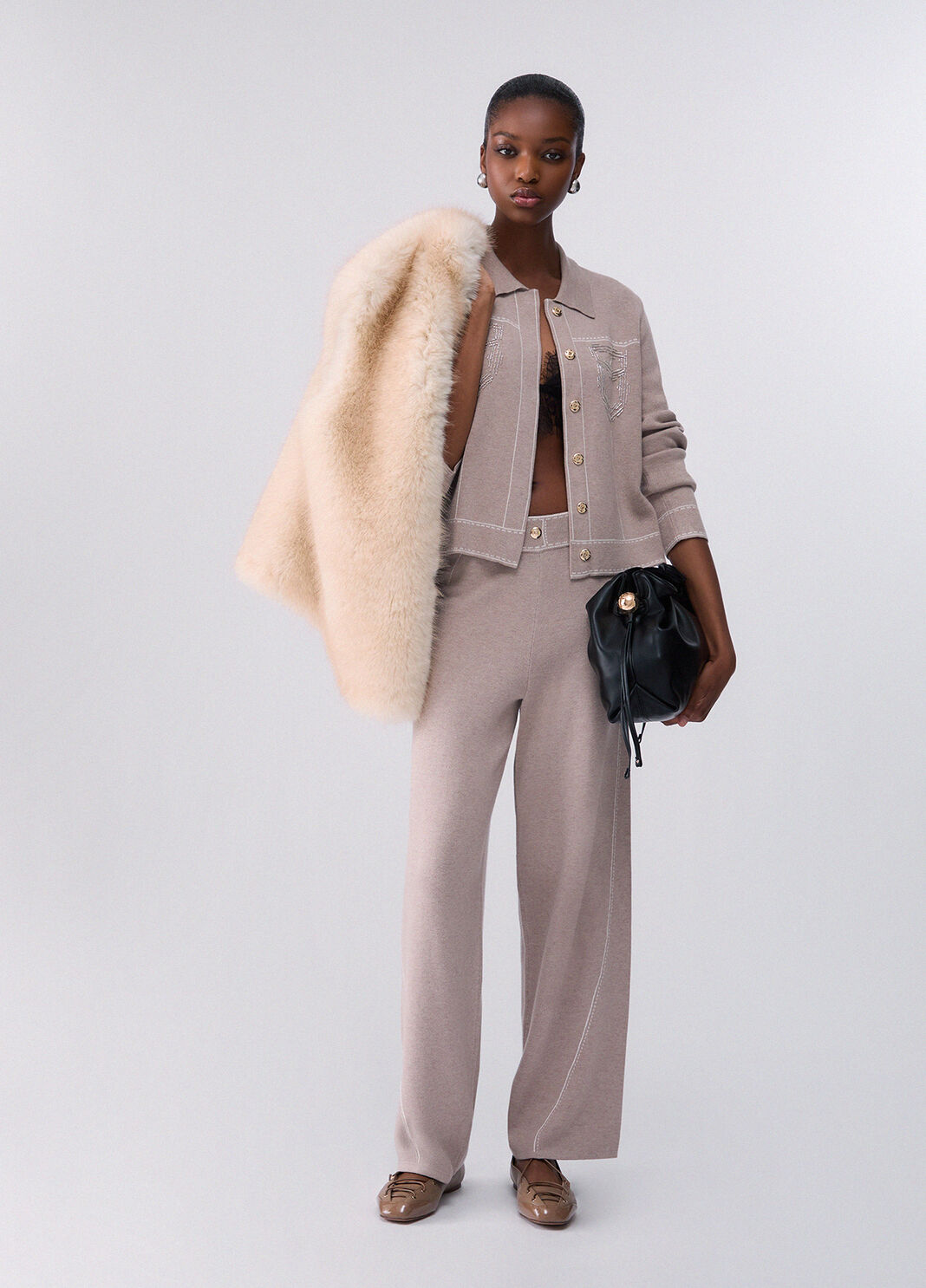 Pantalon avec surpiq&ucirc;res contrast&eacute;es beige Liu Jo - large image number 5