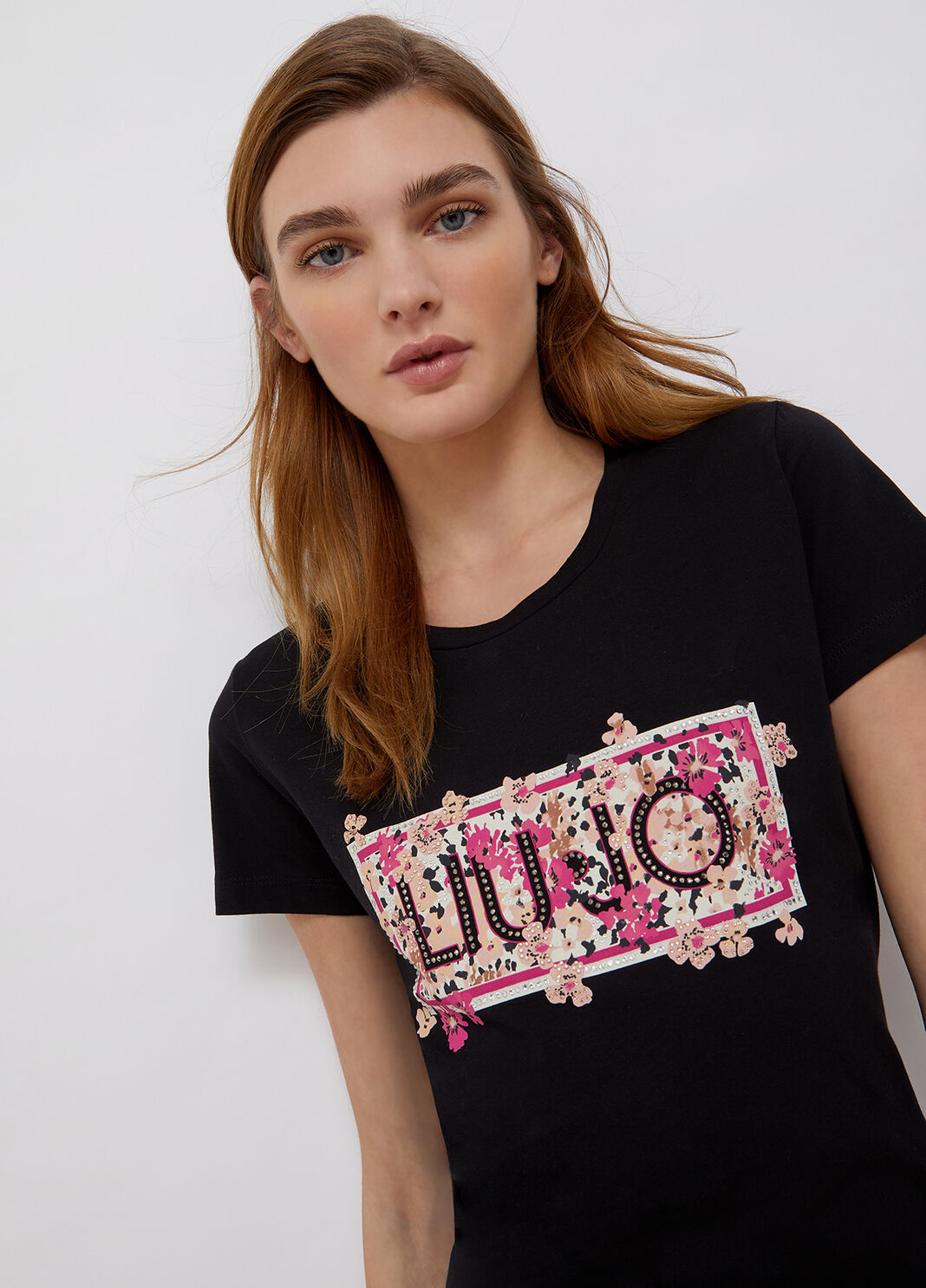 T-shirt &eacute;cocon&ccedil;u noir et fleurs roses Liu Jo - large image number 2