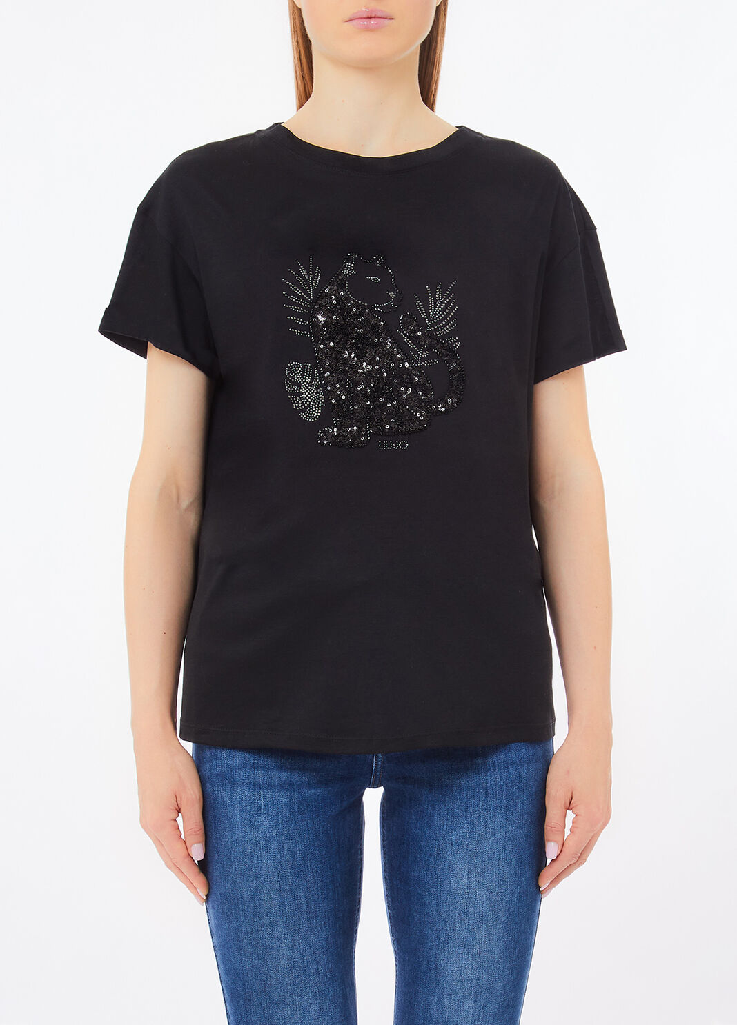 Cotton T-shirt with sequins and rhinestones black/panther Liu Jo - large image number 0