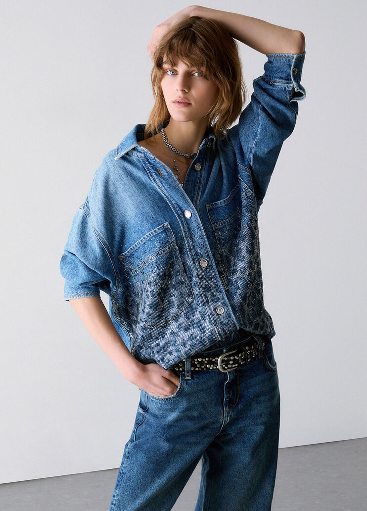 Overshirt in denim with rhinestones animal-print blue denim Liu Jo - medium