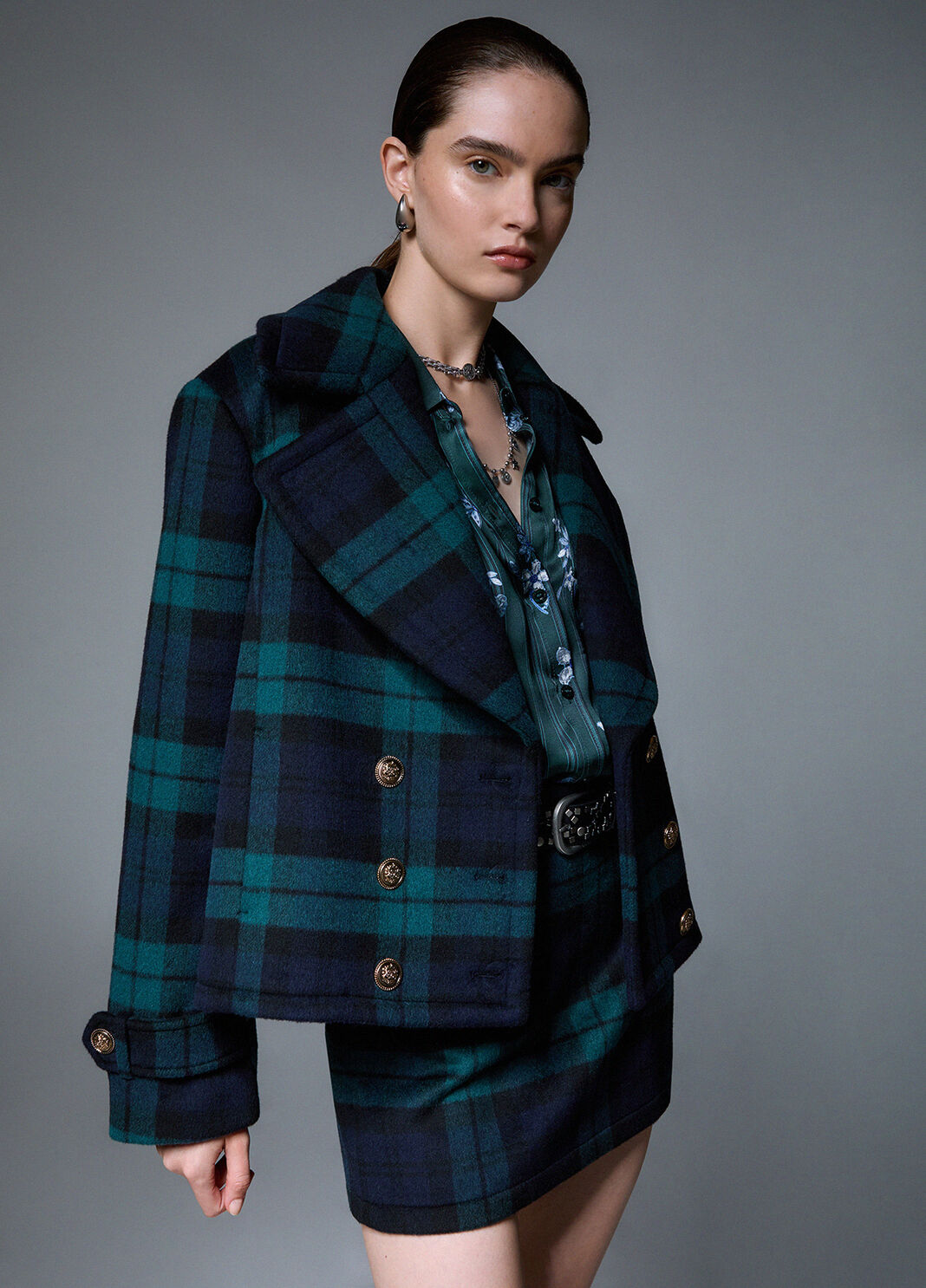 Short Double-Breasted Tartan Coat blue tartan Liu Jo - large image number 3