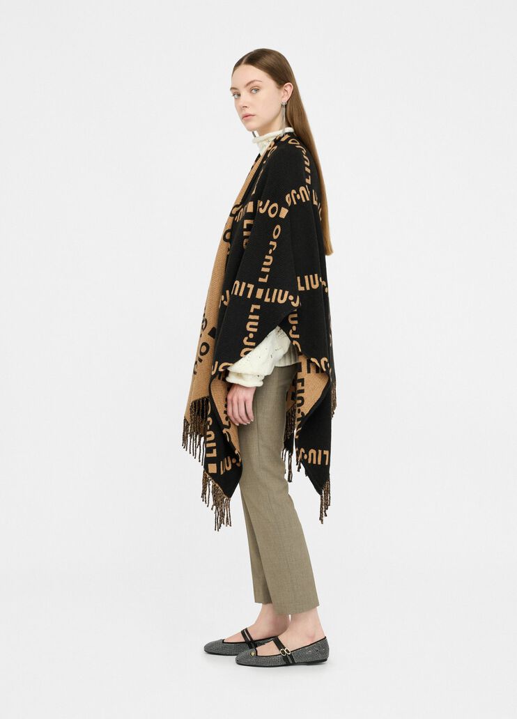 Poncho with logo and fringes black Liu Jo - large image number 3