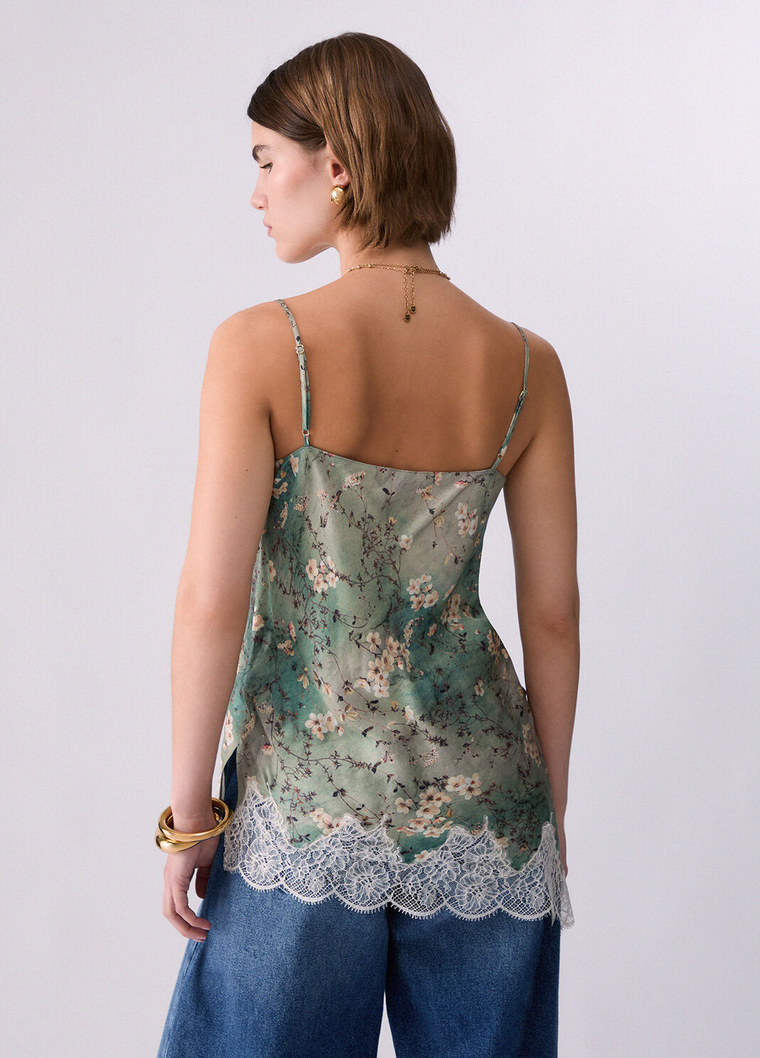 Printed satin top with lace floral light blue Liu Jo - large image number 1