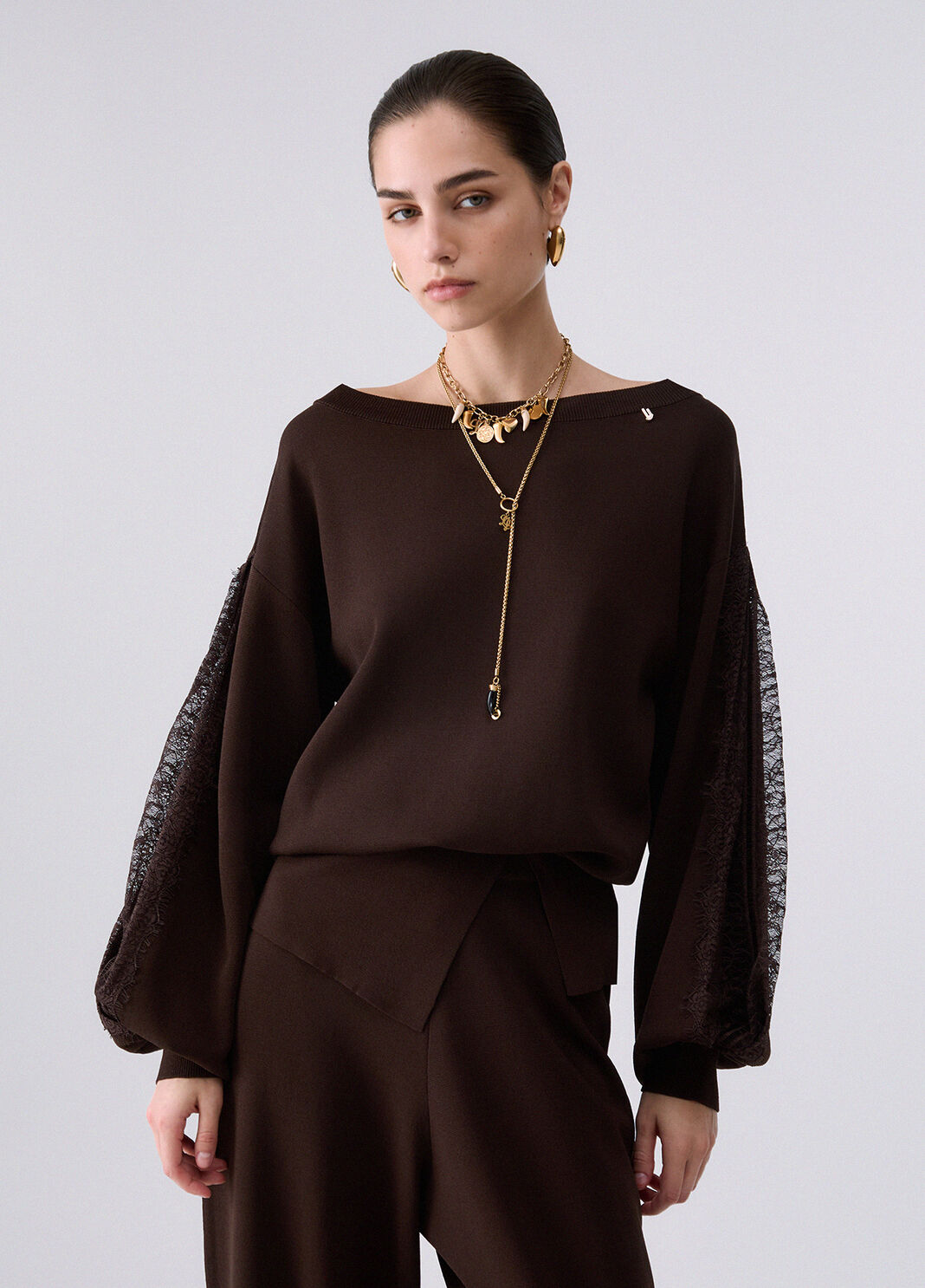 Sweater with lace inserts mocha Liu Jo - large image number 0