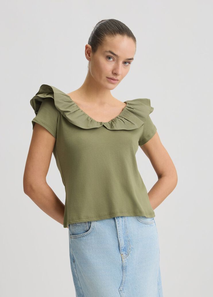 Cotton T-shirt with ruches khaki green Liu Jo - large image number 0 Cotton T-shirt with ruches khaki green Liu Jo - large image number 0
