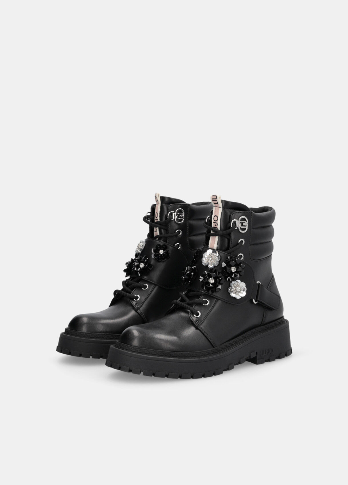 Combat boots with bejewelled appliqués colour black | Liu Jo