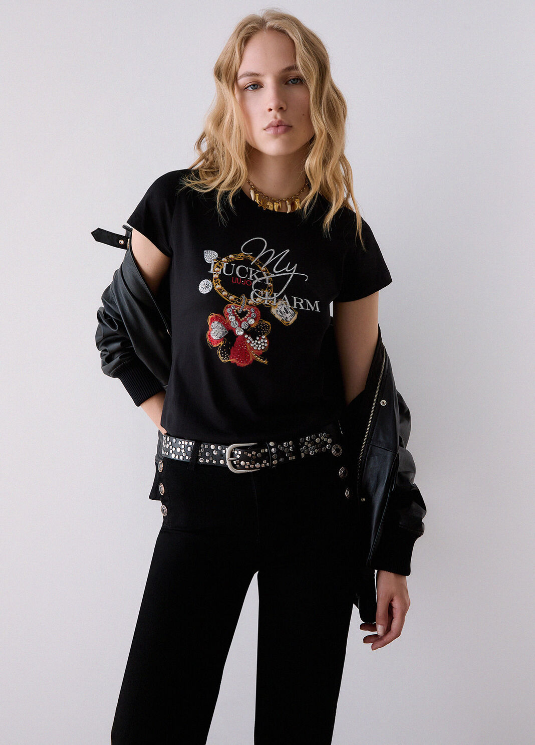 T-shirt with jewel embroidery black/four-leaf clover print Liu Jo - large image number 2
