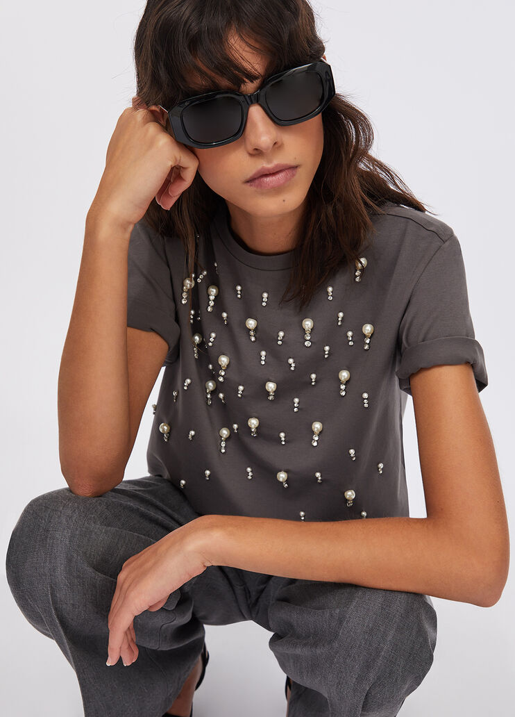 Camiseta con perlas y strass gris Liu Jo - medium Camiseta con perlas y strass gris Liu Jo - medium