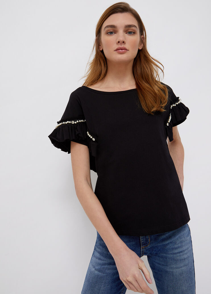 T-shirt with rouches and appliqués black Liu Jo - large image number 0 T-shirt with rouches and appliqués black Liu Jo - large image number 0
