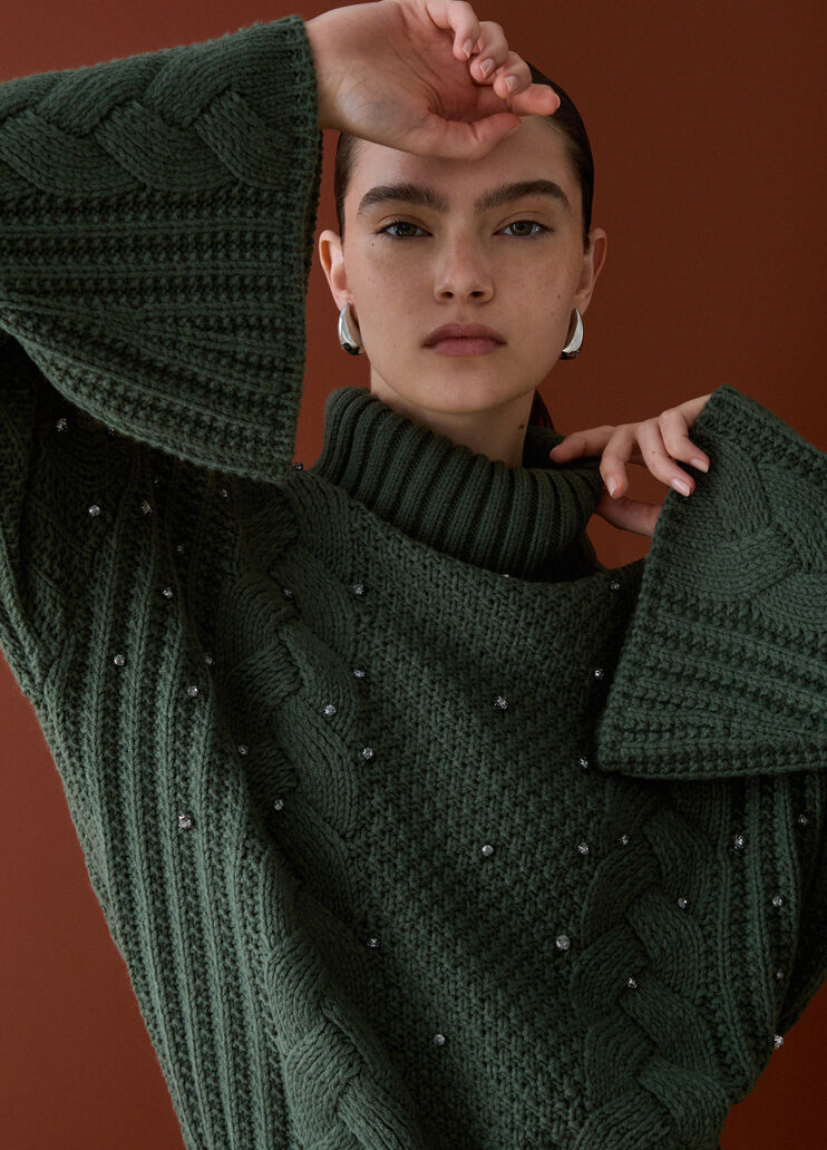 Rollkragenpullover mit Zopfmuster mit Strass Dunkelgr&uuml;n Liu Jo - medium
