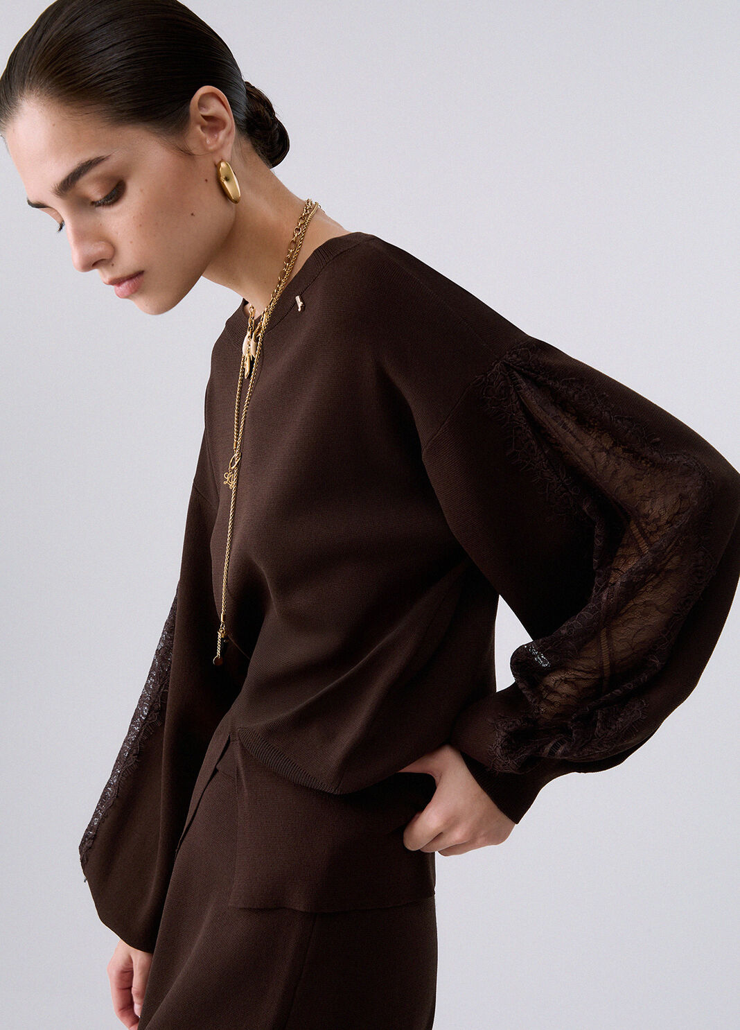 Sweater with lace inserts mocha Liu Jo - large image number 4