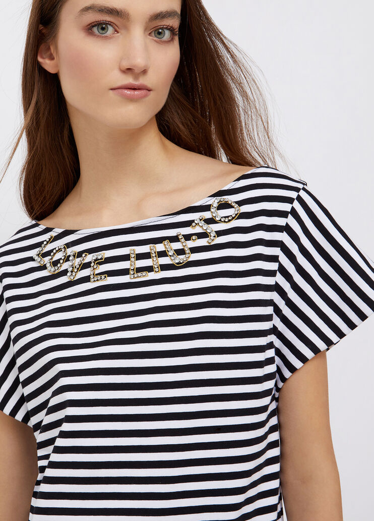 Striped t-shirt with jewel embroidery white/black Liu Jo - large image number 2 Striped t-shirt with jewel embroidery white/black Liu Jo - large image number 2