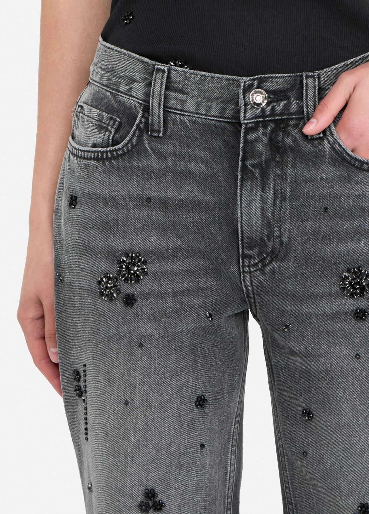 Jeans straight con strass colore denim nero | Liu Jo