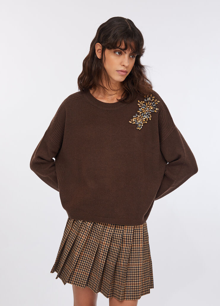 100% wool jumper with bejewelled embroidery chocolate Liu Jo - large image number 0