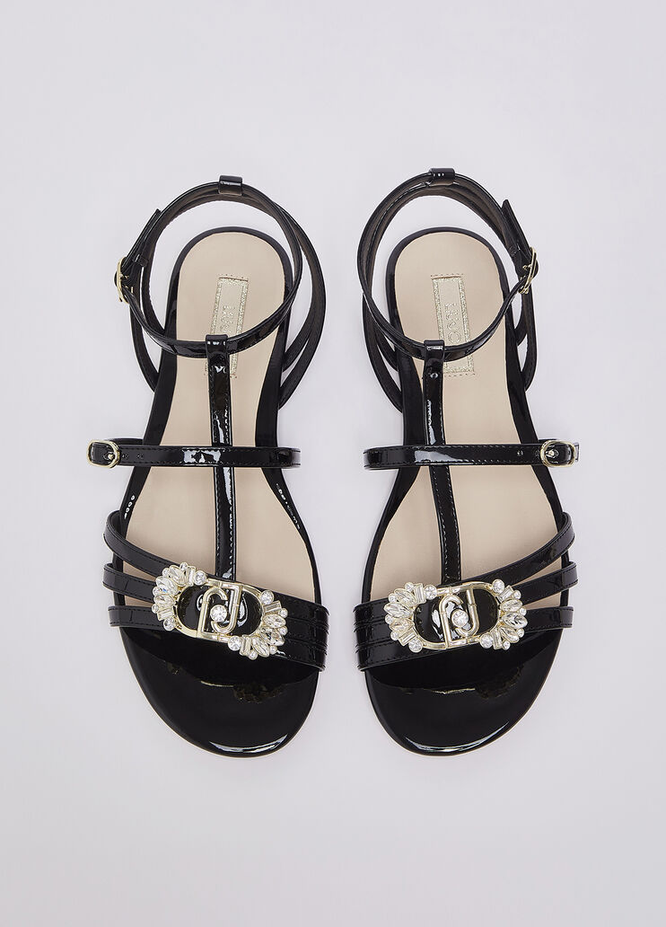 Patent leather sandals with bejewelled logo black Liu Jo - medium