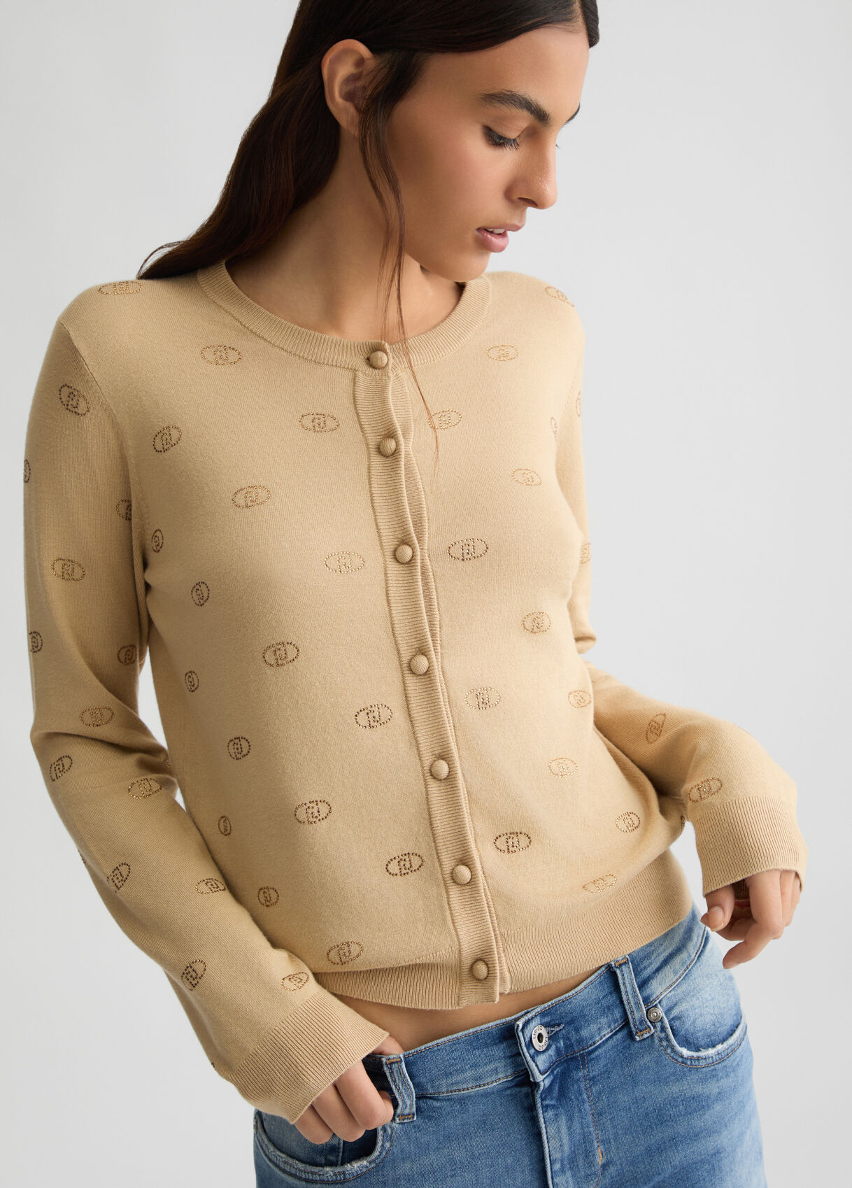 Cardigan with logo and rhinestones colour beige | Liu Jo