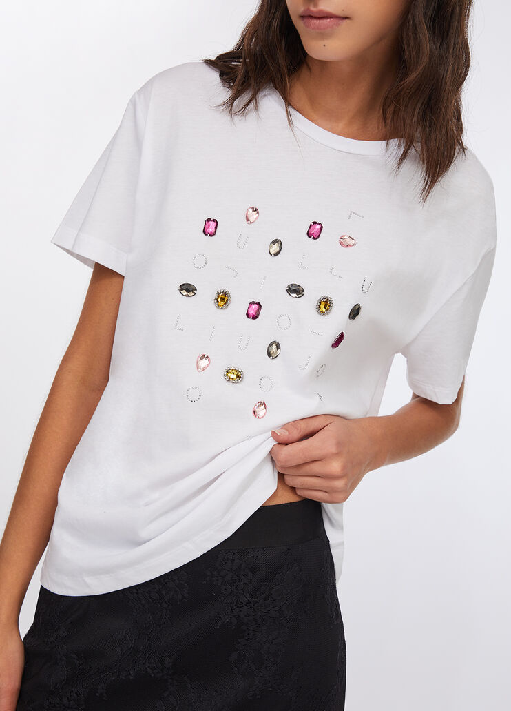 T-shirt with appliqués white/colored gemstones Liu Jo - large image number 3